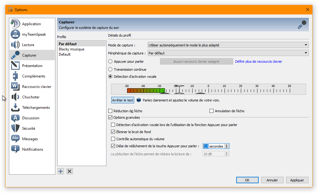 Options de capture microphone de TS3 Options de capture microphone de TS3